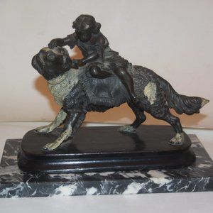 Antique 19th Century Metal Spelter Statue Girl and Dog Wood Base Marble Display